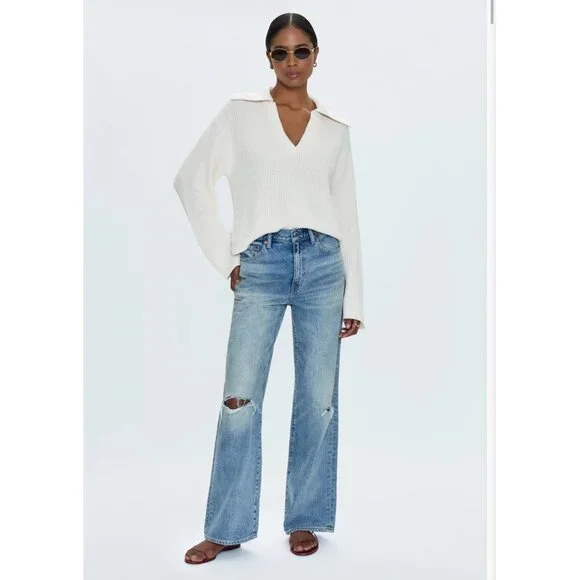 Pistola Distressed Blue Denim Jeans High rise Sz 26 Ripped knee Straight Leg - Picture 2 of 10